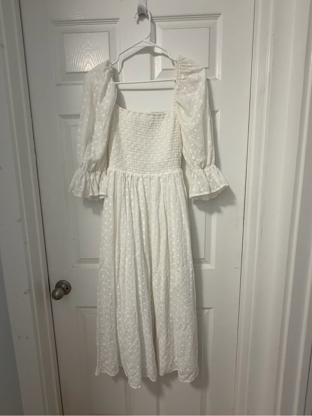 Aura White Eyelet Smocked Bodice Puff-Sleeve Midi Dress